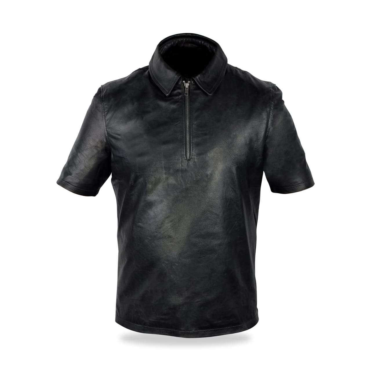 Men's Black Leather Zip Up Polo Shirt - Short Sleeve - The Leather Men